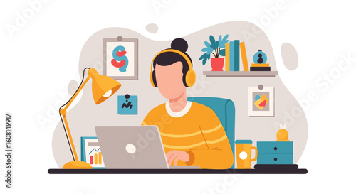 Person working from home on laptop, wearing headphones. Illustration perfect for remote work, freelance, or productivity blogs.
