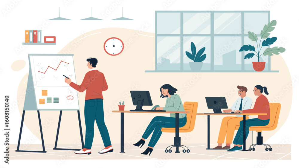 Fototapeta premium Teamwork in modern office. Business presentation, data analysis and collaboration. Ideal for websites, brochures, and marketing materials.