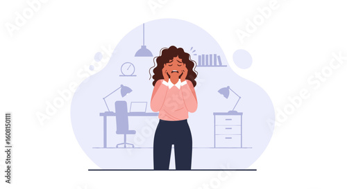 Illustration of a stressed businesswoman in her office, ideal for articles about workplace stress or burnout.