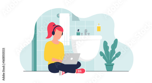 Young woman working on laptop in bathroom, perfect for blog posts about remote work or work-life balance.