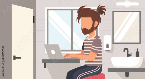 Man working on laptop in a modern bathroom, ideal for remote work or flexible lifestyle articles.