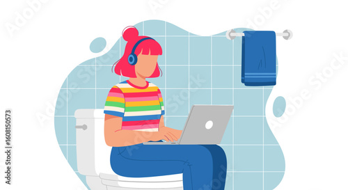 Woman working on laptop in bathroom - perfect for articles on remote work, work-life balance, or humorous illustrations.