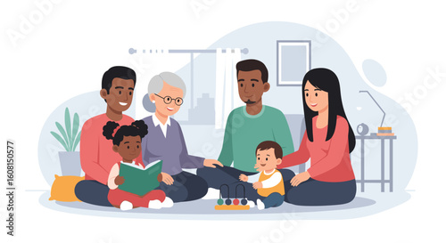 Multigenerational family reading together at home, perfect for websites and brochures promoting family values.