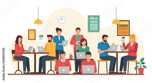 Diverse team of coworkers collaborating on laptops in a modern co-working space, ideal for website banners and presentations.
