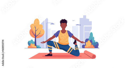 Man doing yoga outdoors in city park, perfect for wellness websites and fitness brochures.