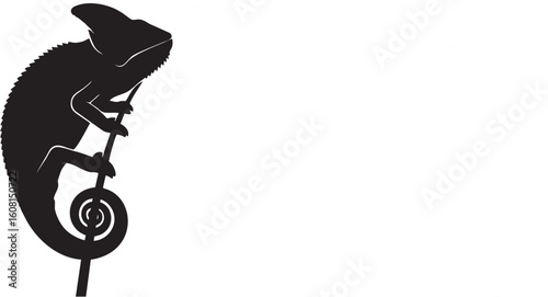 Silhouette of a chameleon clinging to a thin branch with its prehensile tail curled.