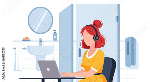 Woman working remotely on laptop in a modern bathroom, ideal for articles about flexible work or remote work.