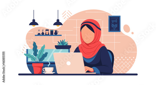 Woman in hijab working on laptop in cafe, perfect for website banners or blog posts about remote work, entrepreneurship, or modern lifestyle.