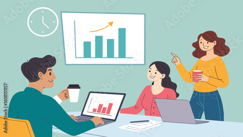 Collaborative team meeting, analyzing growth charts on laptops. Ideal for business presentations and website landing pages.