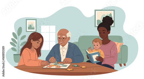 Multigenerational family enjoying a puzzle together at home. Perfect for websites, blogs, or brochures about family, togetherness, and intergenerational relationships.