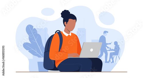 Young woman working on laptop, ideal for websites and brochures promoting remote work, technology, or education.