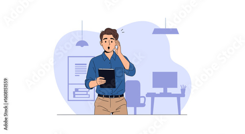 Surprised businessman reviewing documents in office - perfect for website banners or presentations.