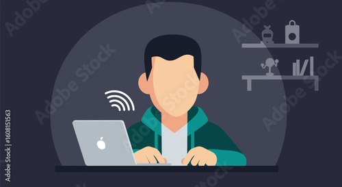 Person working on laptop at night, perfect for website banners or blog posts about remote work.