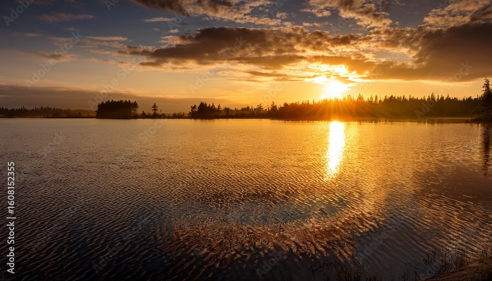 Naklejka premium golden reflections shimmer across tranquil water at sunset creating a serene landscape