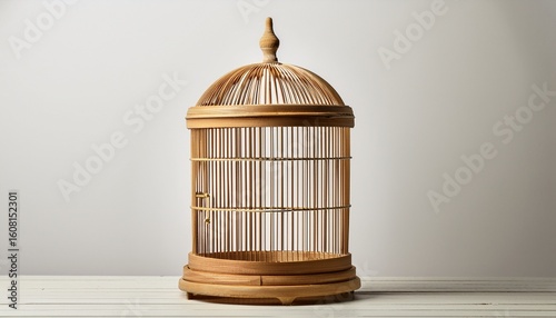 a wooden birdcage with vertical slats empty and unadorned placed against a light background