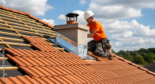 Professional roofer performing chimney flashing and tile installation to repair roof on residential house under blue sky.