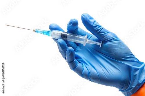 A gloved hand holds a syringe with a needle, ready for an injection, isolated on transparent background