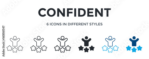Confident Icon In Different Style Vector Illustration. Designed In Thin Line, Regular Line, Bold Line, Glyph, Color Line, And Color Glyph Style Can Be Used For Web
