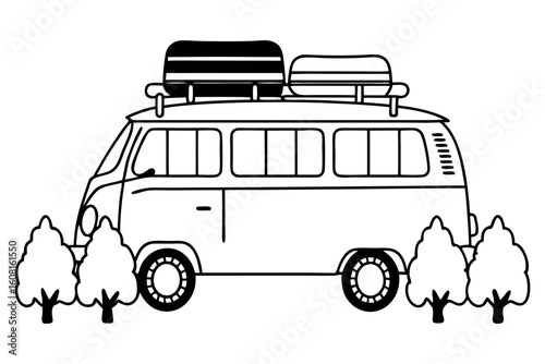 Vintage campervan journey through trees silhouette vector illustration