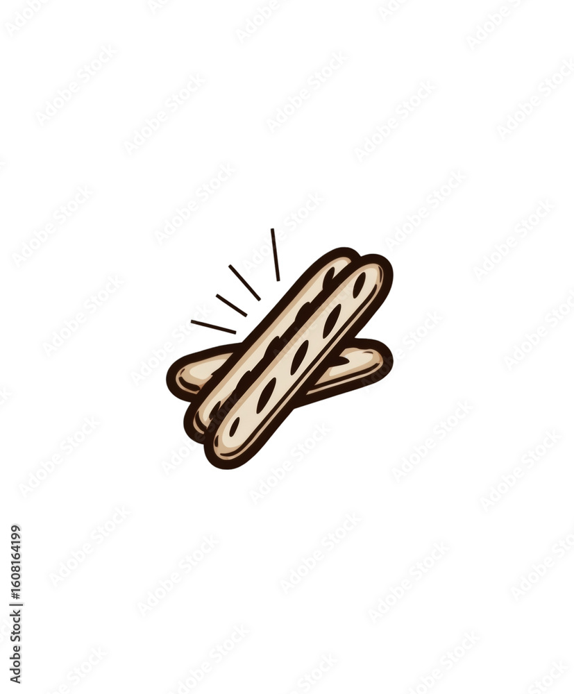 Obraz premium Delightful cartoon illustration of two delicious breadsticks crossed, perfect for culinary themes, restaurant branding, or food-related content, evoking a warm, inviting, and appetizing feel.