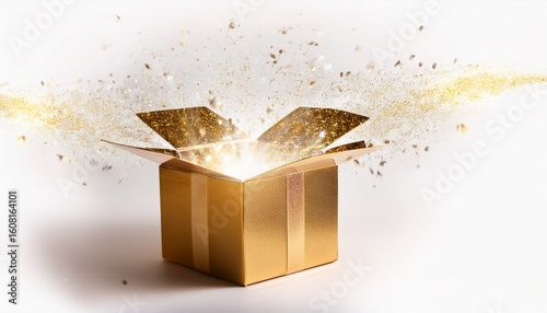 surprise gift box with metallic foil lid pops open with golden light burst white background festive confetti glowing particles