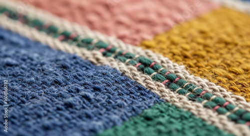 Colorful woven textile background with a rustic plaid pattern and macro detail