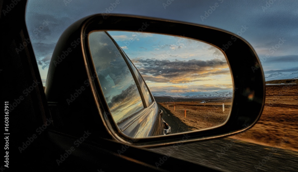 A car's side mirror reflecting a scenic road trip A car's side mirror reflecting a scenic road trip