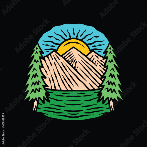 Mountain Colorful Hand Drawing Emblem Vintage Design Outdoor Vector