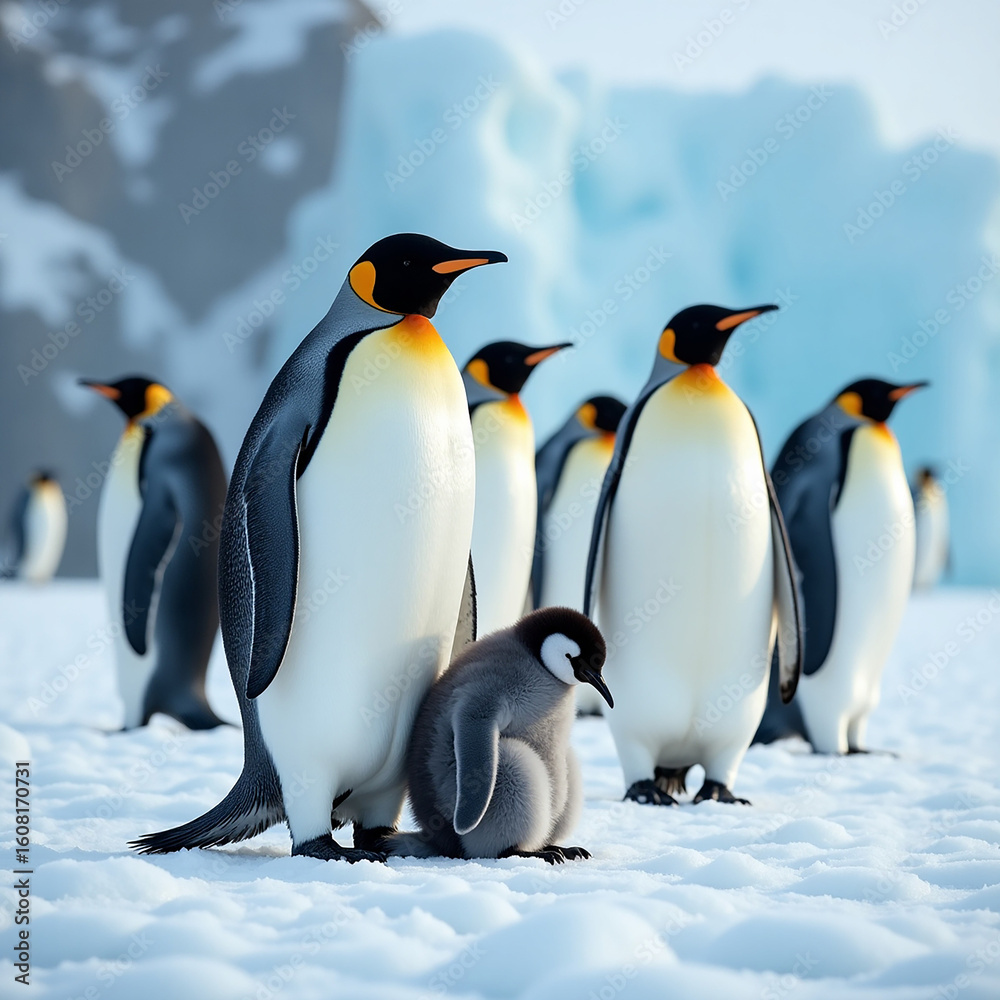 Fototapeta premium King penguin colony with emperor penguins on icy Antarctica shore