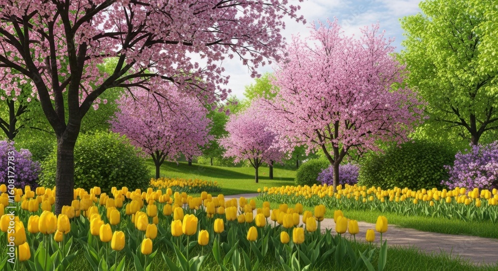 Beautiful Spring Garden Path Lined with Yellow Tulips and Blooming Cherry Trees Beautiful Spring Garden Path Lined with Yellow Tulips and Blooming Cherry Trees