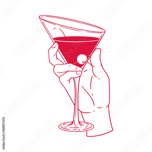 Original illustration of a hand holding a martini glass, for restaurants, bars, menus, posters, cards, graphic design.