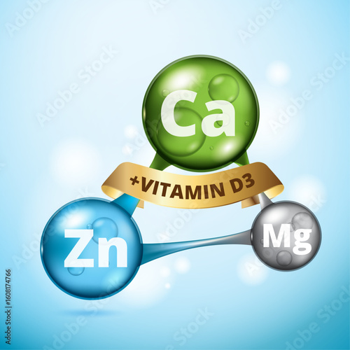 bubbles, calcium minerals, zinc vitamins, magnesium, vitamin D3 with ribbon