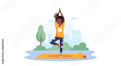 Young man doing yoga outdoors in the city. Perfect for wellness websites, blogs, or brochures.
