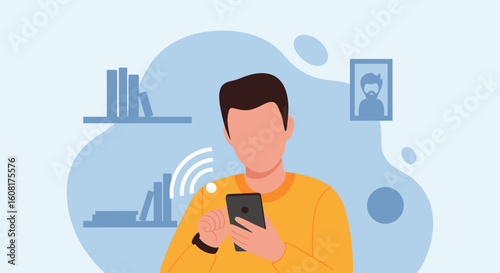 Man using smartphone, modern illustration for website or app design.