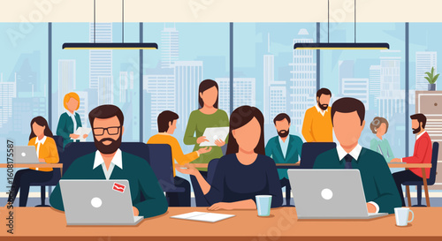 Diverse team of professionals working collaboratively in a modern office space with a city view. Perfect for illustrating teamwork, collaboration, and success in business.