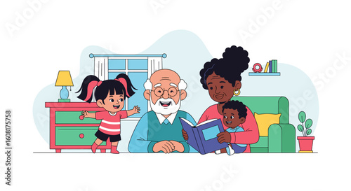 Grandparents reading to grandchildren: Illustration perfect for family blogs, children's books, and websites promoting intergenerational connections.