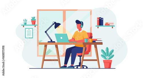 Person working from home on laptop, ideal for remote work or freelance lifestyle blogs and websites.