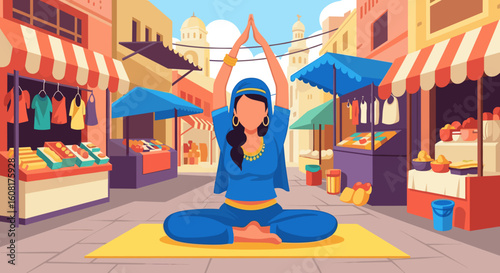 Woman practicing yoga in a vibrant marketplace, perfect for travel blogs or wellness websites.
