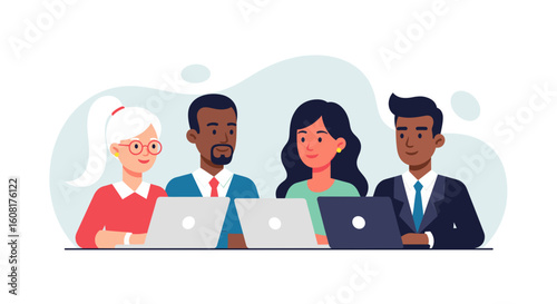 Diverse team of professionals working on laptops, ideal for website banners or presentations about teamwork and collaboration.