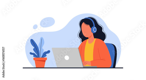 Woman working from home on laptop, wearing headphones. Perfect for blogs, websites, and articles about remote work.