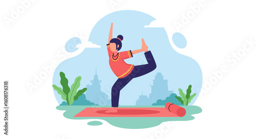 Woman practicing yoga outdoors in a city park. Perfect for wellness websites, brochures, or social media.