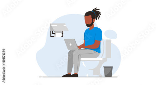 Illustration of a man working on his laptop while sitting on the toilet, perfect for articles about remote work or work-life balance.