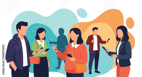 Diverse group of young adults using smartphones, ideal for social media, technology, or communication projects.