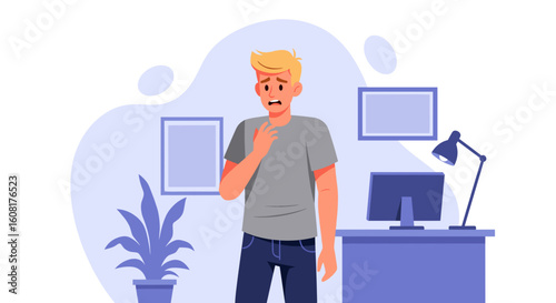 Worried young man at home office, perfect for illustrating stress, anxiety, or mental health concepts on websites or brochures.
