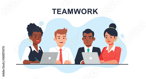 Diverse team of professionals collaborating on laptops, perfect for websites, presentations, and marketing materials.