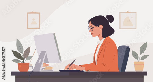 Stylish young woman working on graphic tablet at her desk. Perfect for website banners, blog posts, or social media.