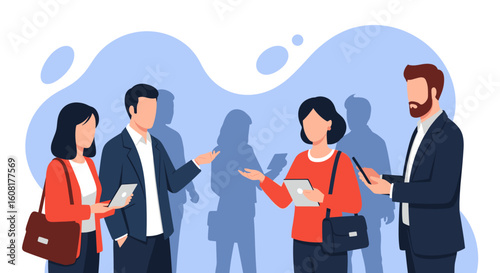 Diverse business people collaborating, ideal for presentations on teamwork and communication.