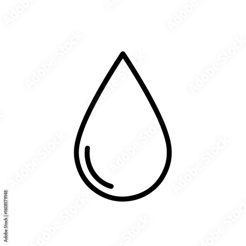 Minimalist water droplet icon with a curved reflection line, black outline