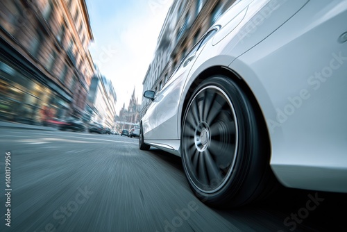 Fast-moving white car in city street