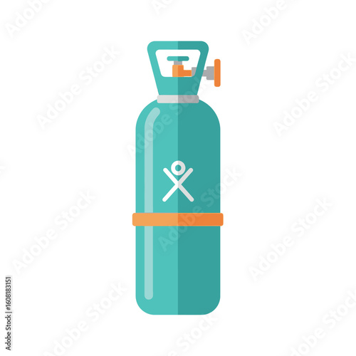 Teal scuba diving oxygen tank illustration with valve and logo.